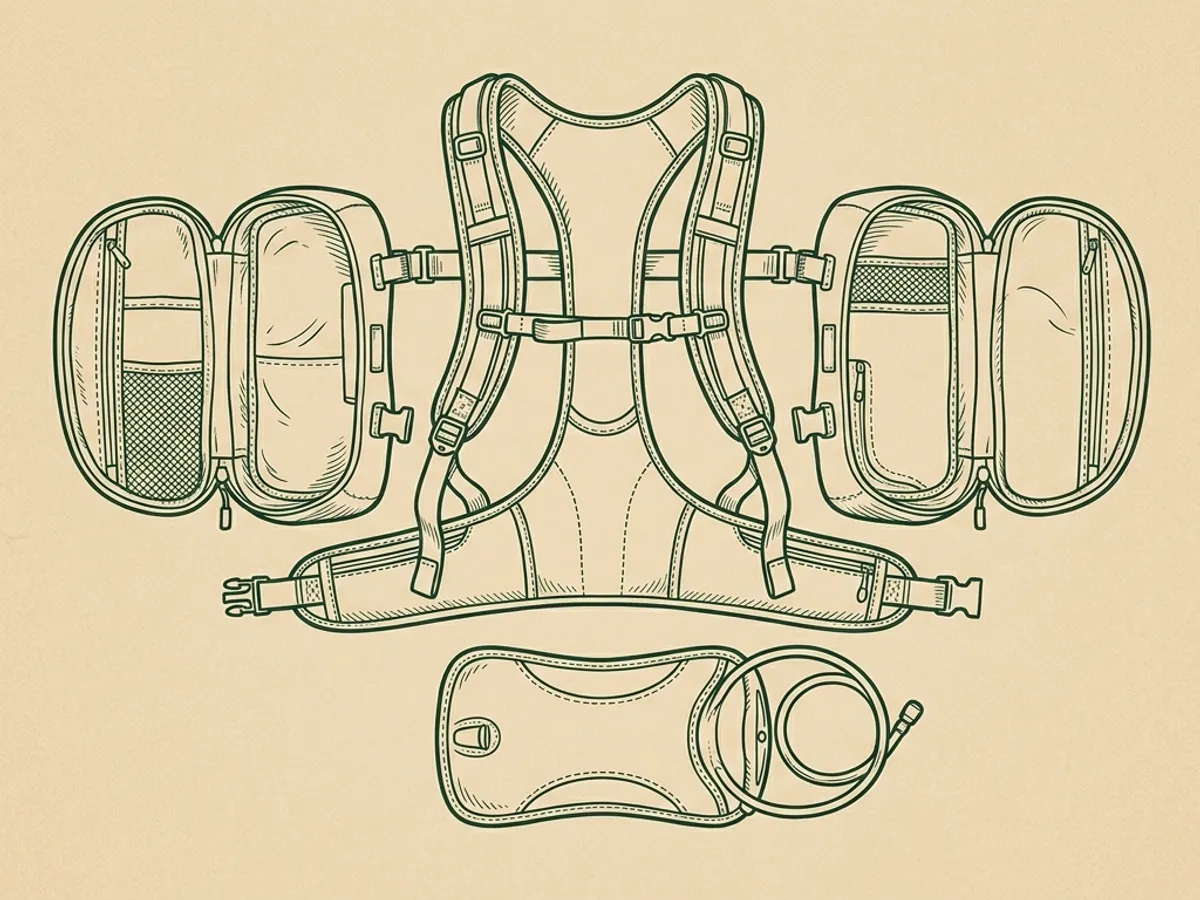 Overhead flat-lay of a dog hiking backpack laid open with chest strap, saddlebags, harness chassis, and hydration sleeve visible.
