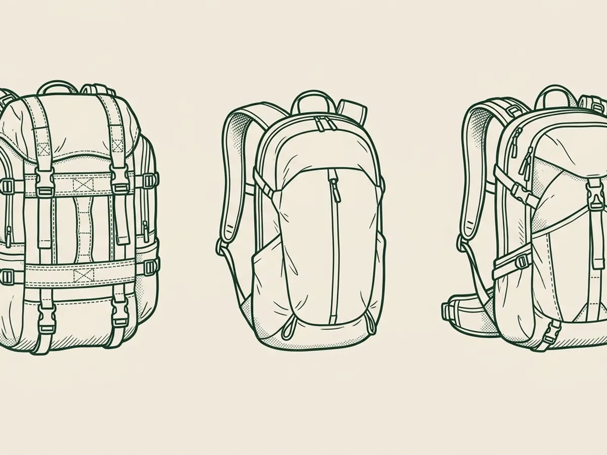 Three differently shaped dog hiking backpacks arranged in a row showing variation in silhouette, saddlebag size, and harness style.