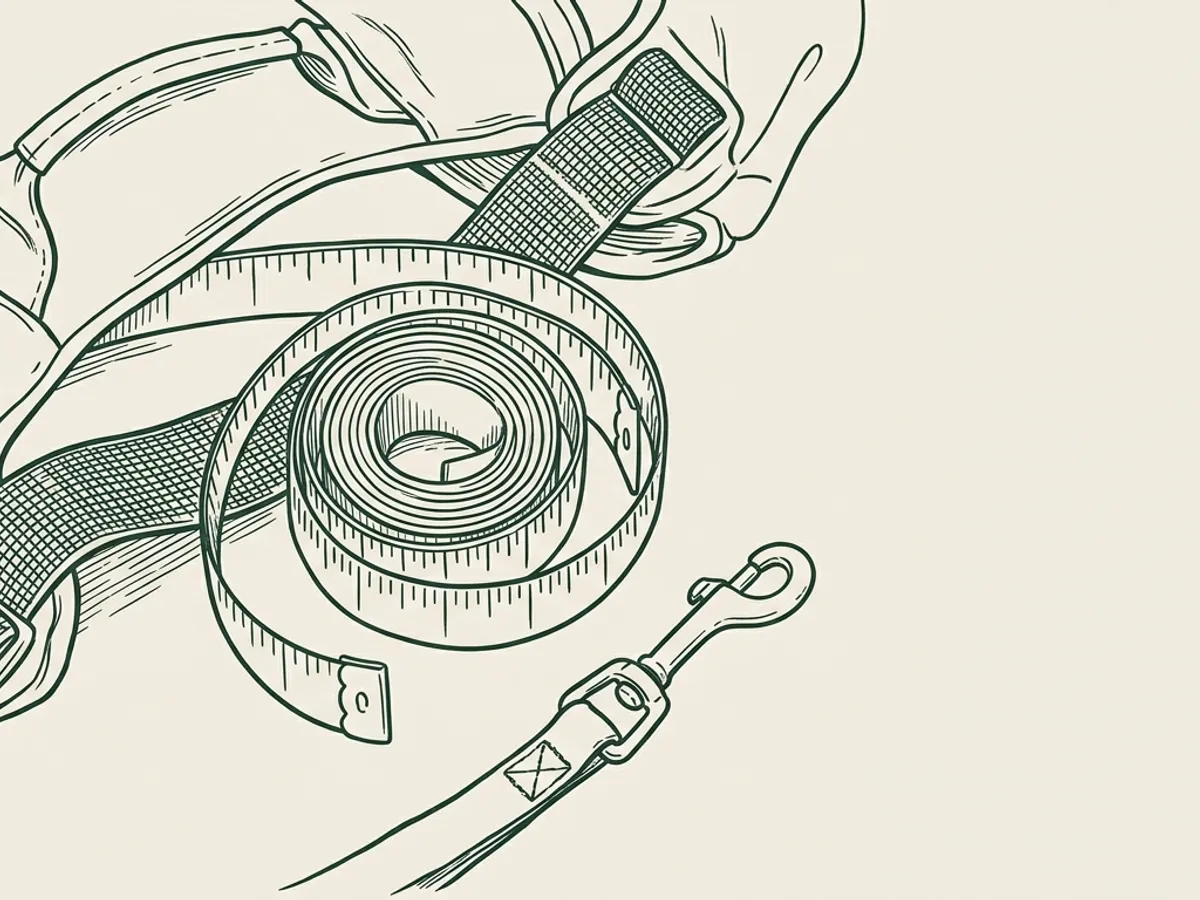 Soft fabric measuring tape coiled around a dog hiking backpack's chest strap, overhead view with a leash clip nearby.