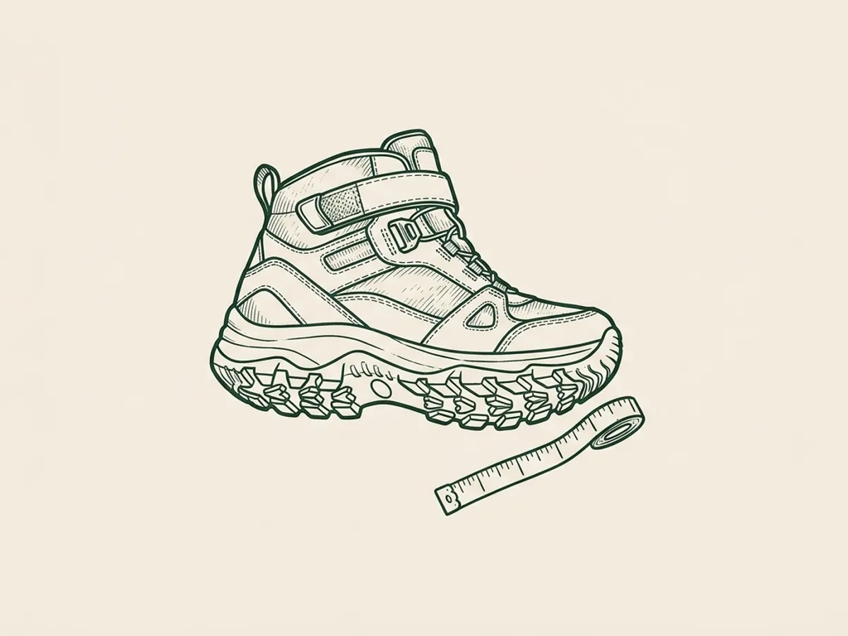 Overhead flat-lay of a single dog hiking boot with visible sole tread, closure strap, upper material, and a fabric tape measure.