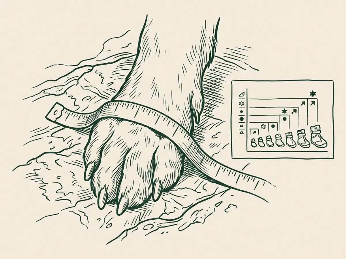 Overhead view of a dog paw with a fabric tape measure across its width and an inset illustration of a sizing chart.