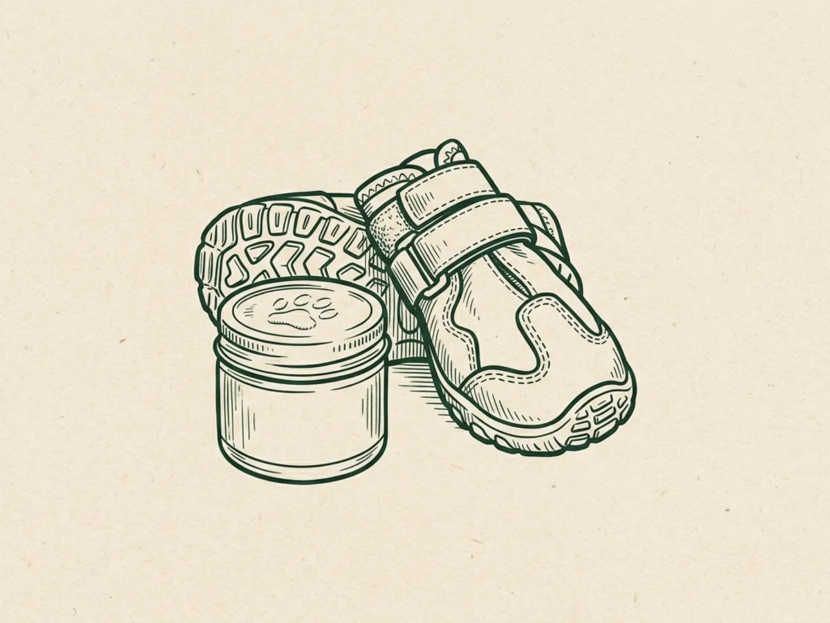 Small jar of paw wax sitting beside a folded pair of dog hiking boots, overhead view.