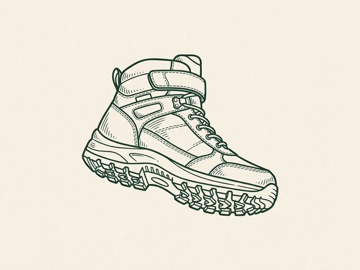 A single dog hiking boot shown centered against an open background, showing sole tread and side closure.