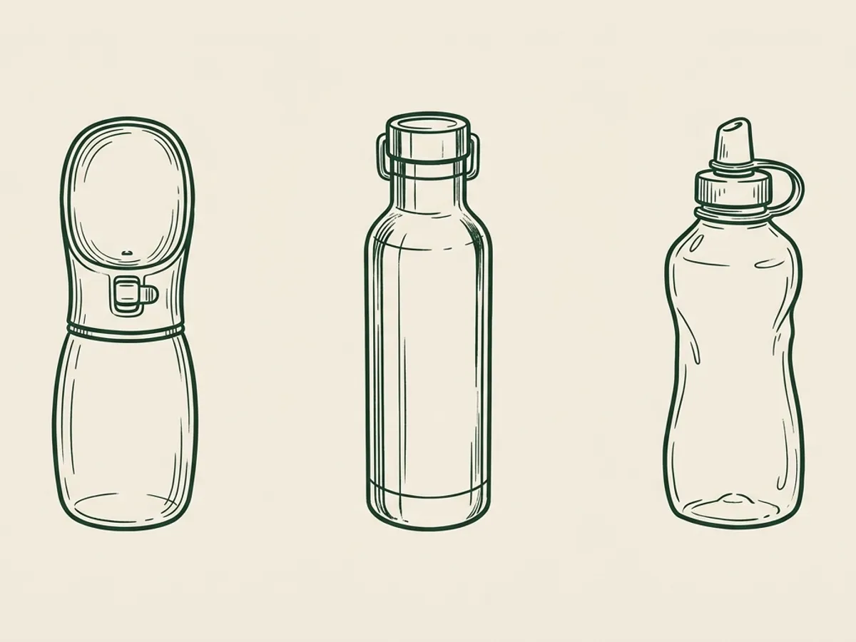 Three differently shaped dog water bottles arranged in a row showing variation in body material, drinking mechanism, and silhouette.