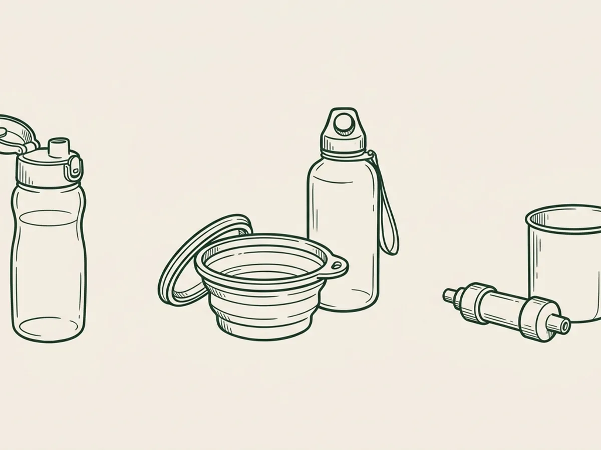 Three trail water solutions for dogs: a dedicated water bottle, a collapsible bowl with separate bottle, and an inline water filter with a cup.