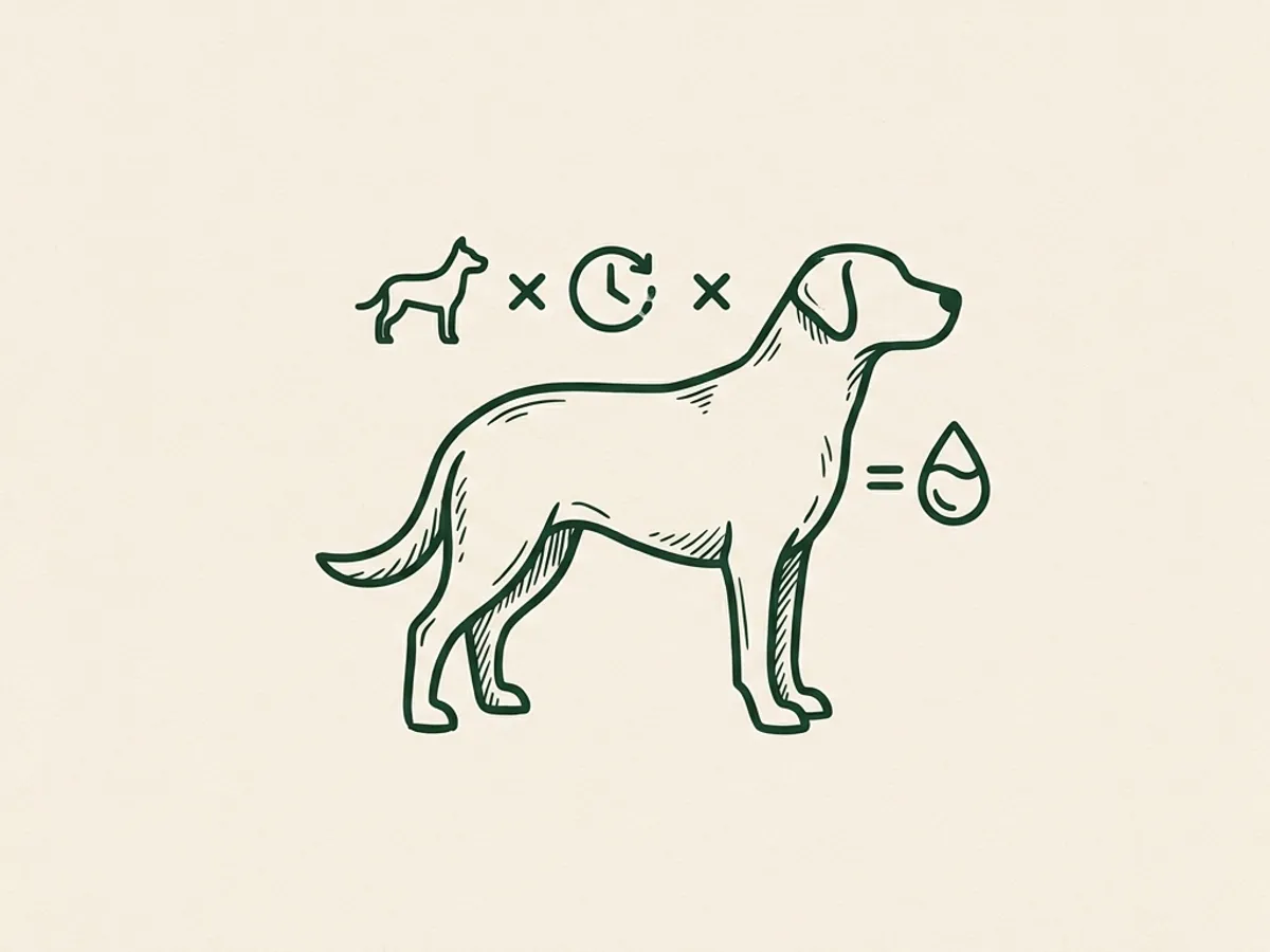 Dog silhouette with a stylized hydration math diagram showing body weight times hours equals water needed.