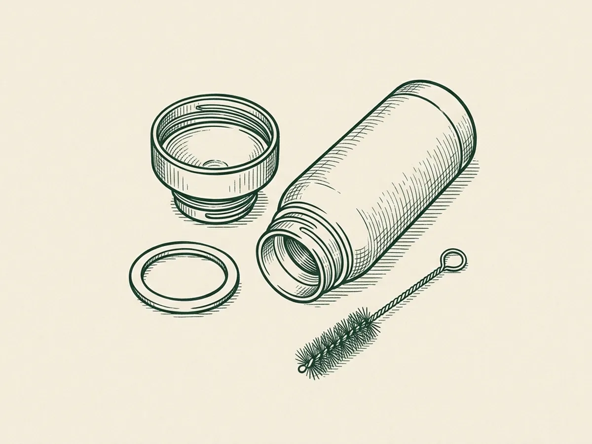 Overhead flat-lay of a dog water bottle disassembled for cleaning, with body, cap, gasket, and brush.