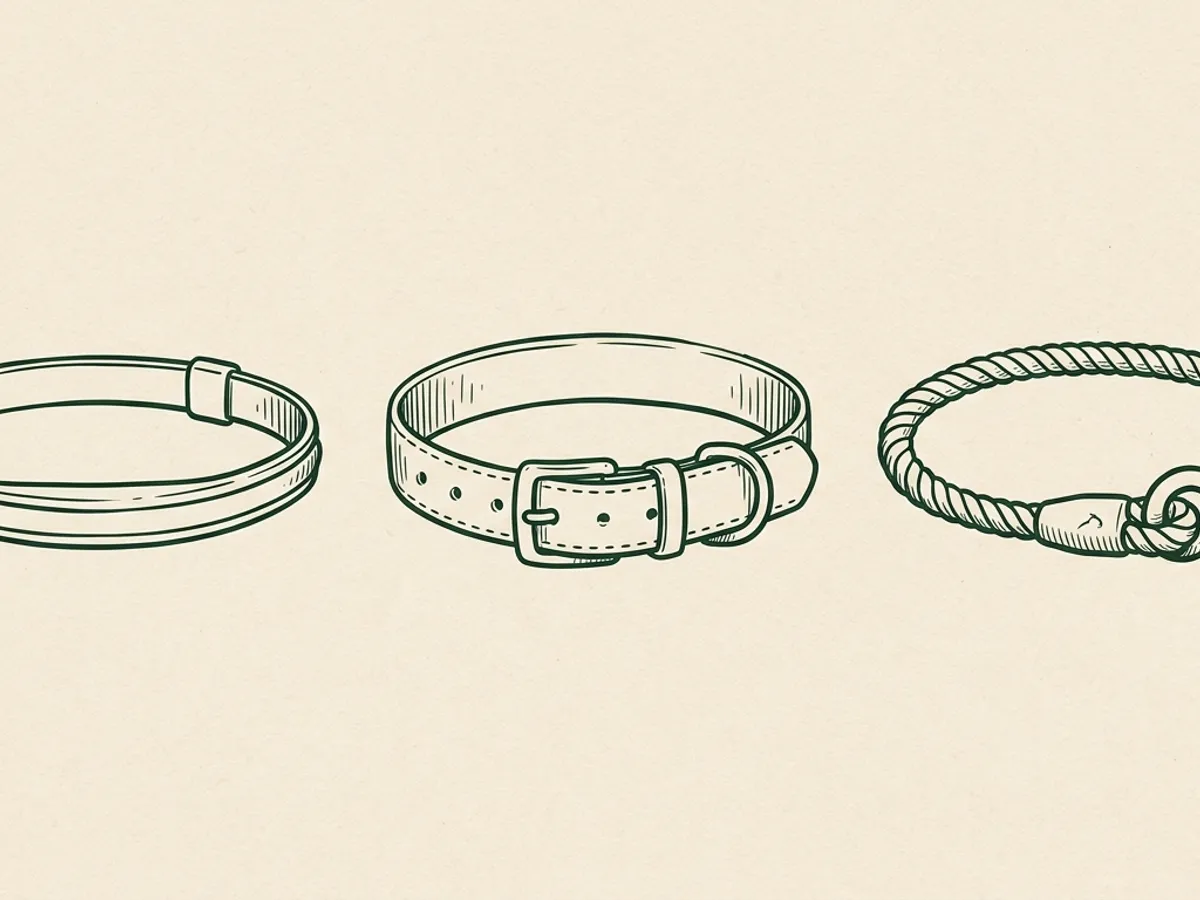 Three differently shaped LED dog collars arranged in a row, showing variation in width, buckle style, and band profile.