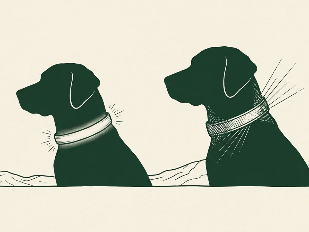 Two dog silhouettes side by side: one with a glowing collar emitting light, the other with a reflective collar catching beams.
