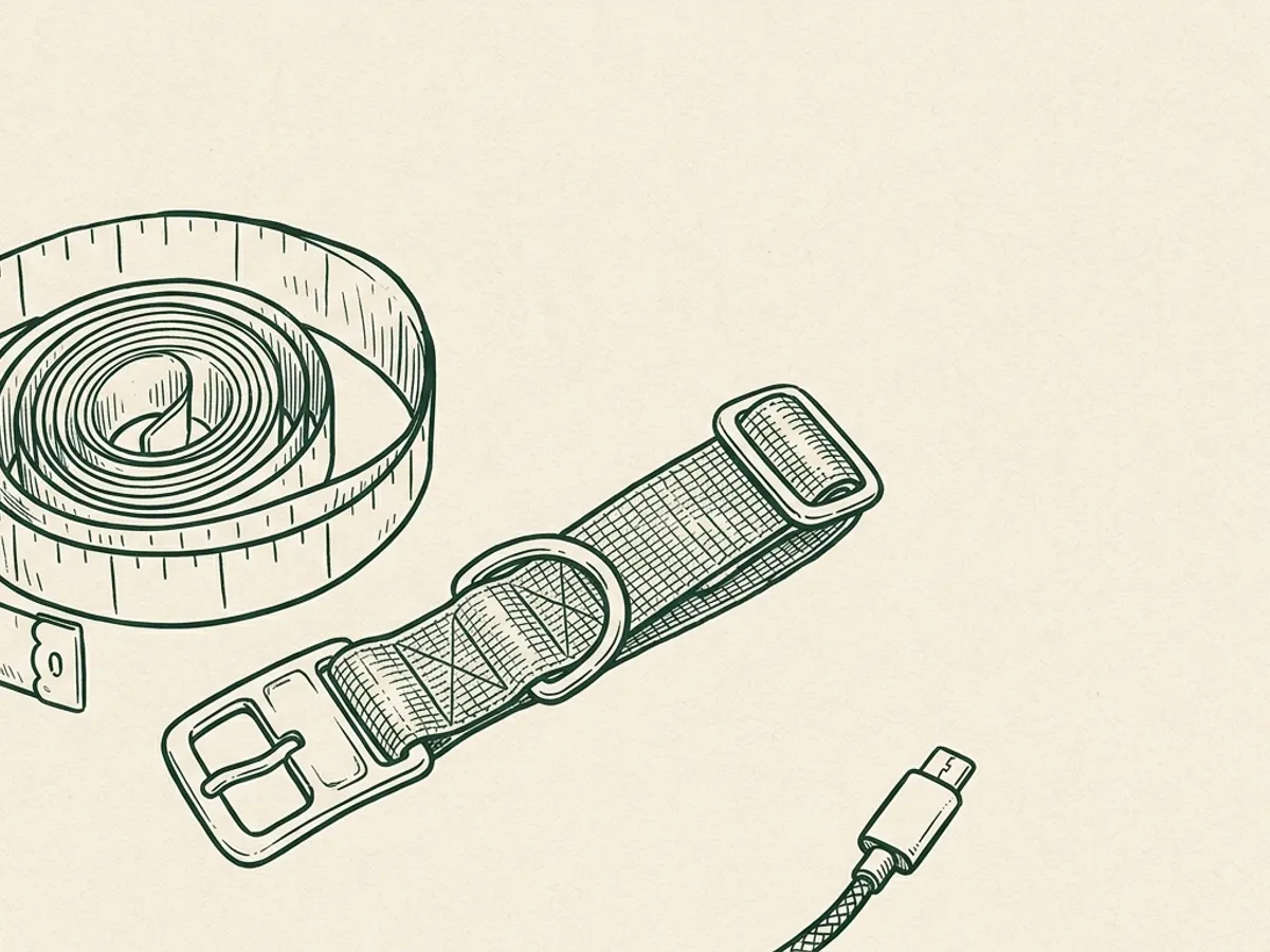 A coiled fabric measuring tape next to an unbuckled flat collar with a USB-C plug at the edge of the frame.