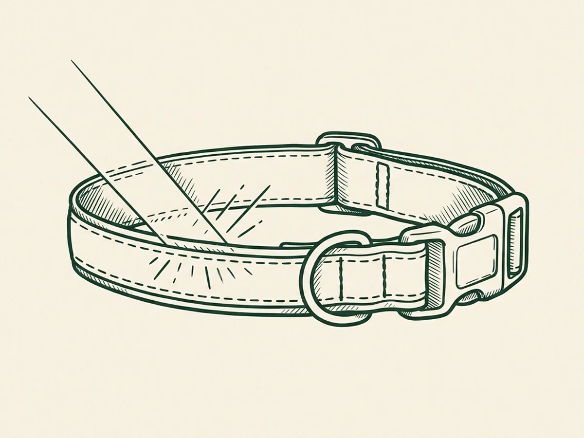 Side close-up of a reflective collar with one beam catching the trim and short hatched rays bouncing back.