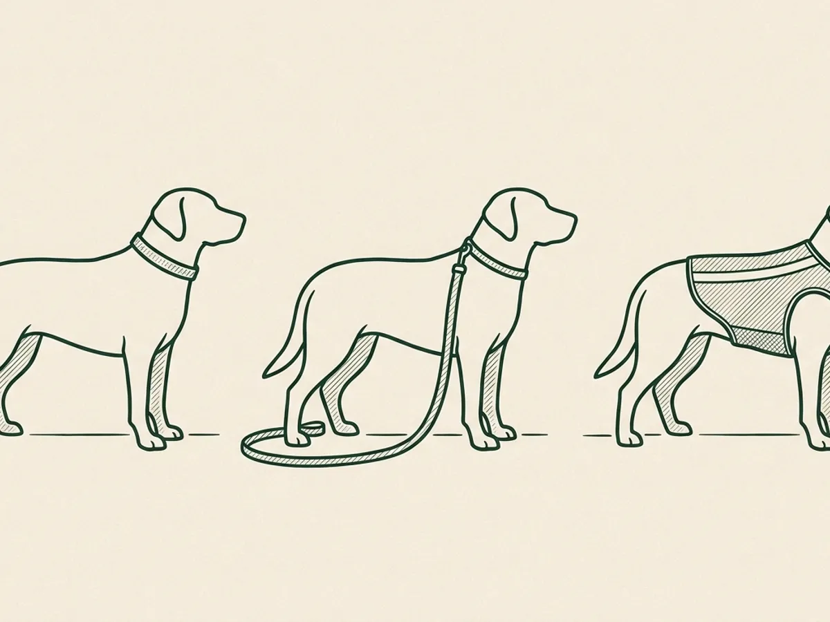 Three dog silhouettes side by side, each wearing a different reflective accessory: collar, leash, vest.