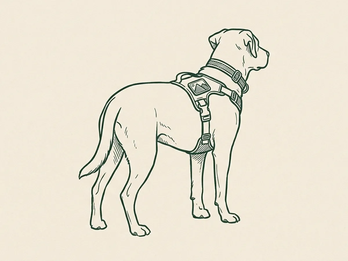 A dog seen from three-quarter rear angle with reflective collar, reflective harness, and a snap-on reflective patch, all marked with hatched reflectivity.