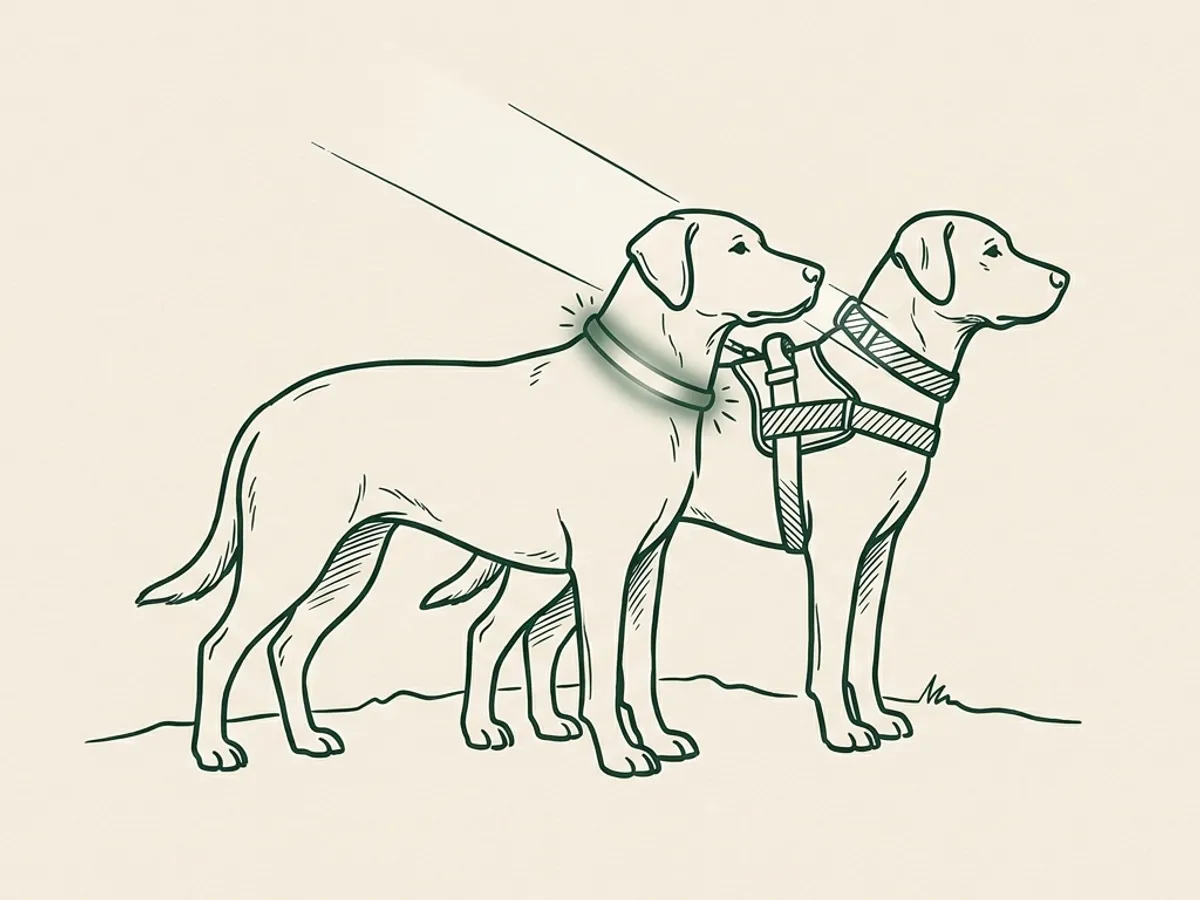 Two dog silhouettes side by side: one with a glowing LED collar, one with reflective gear catching light beams.