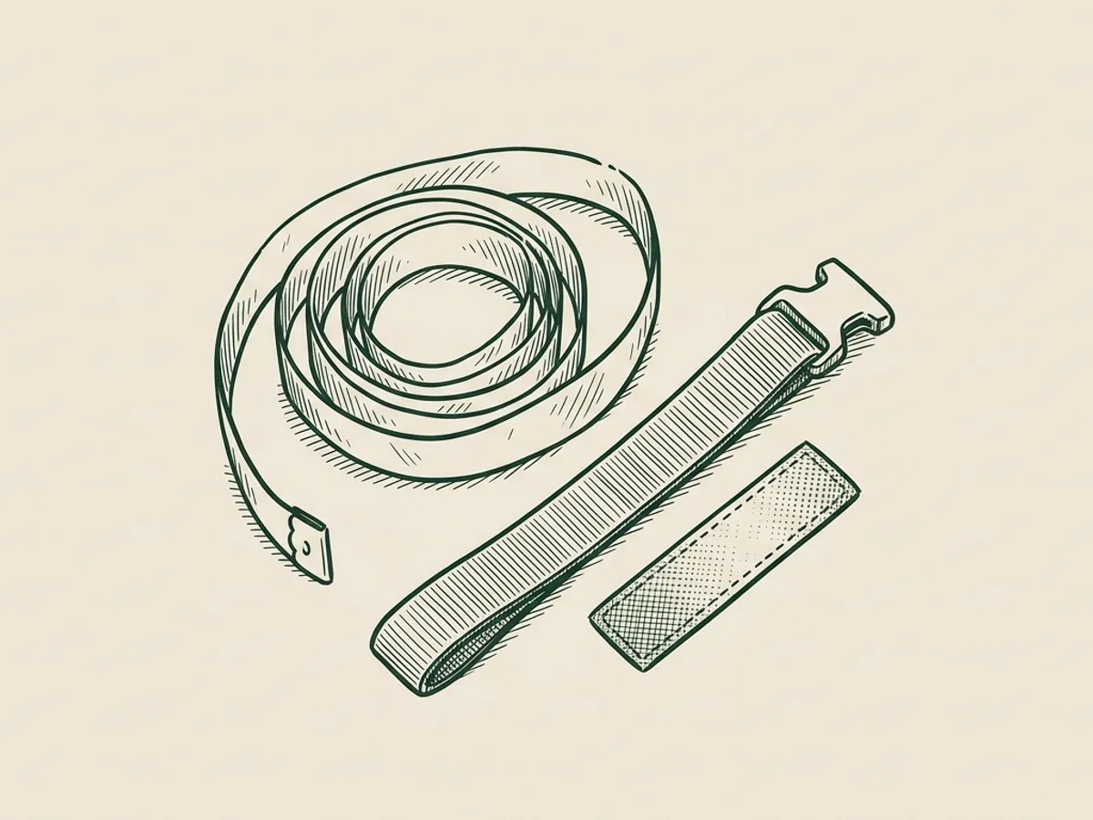 Coiled fabric measuring tape beside a flat reflective collar and a small reflective patch, overhead view.