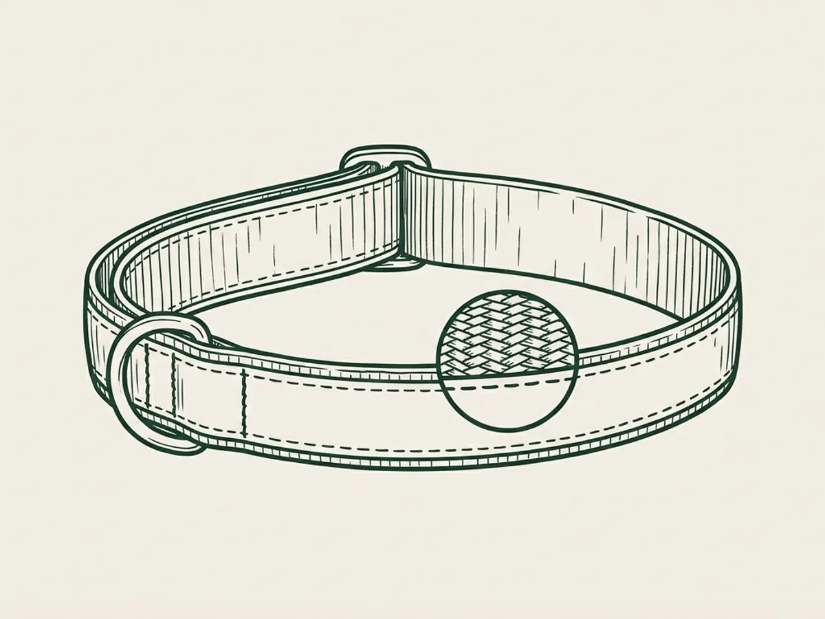 Overhead view of a flat reflective collar with a small magnifier inset highlighting the stitched reflective trim detail.