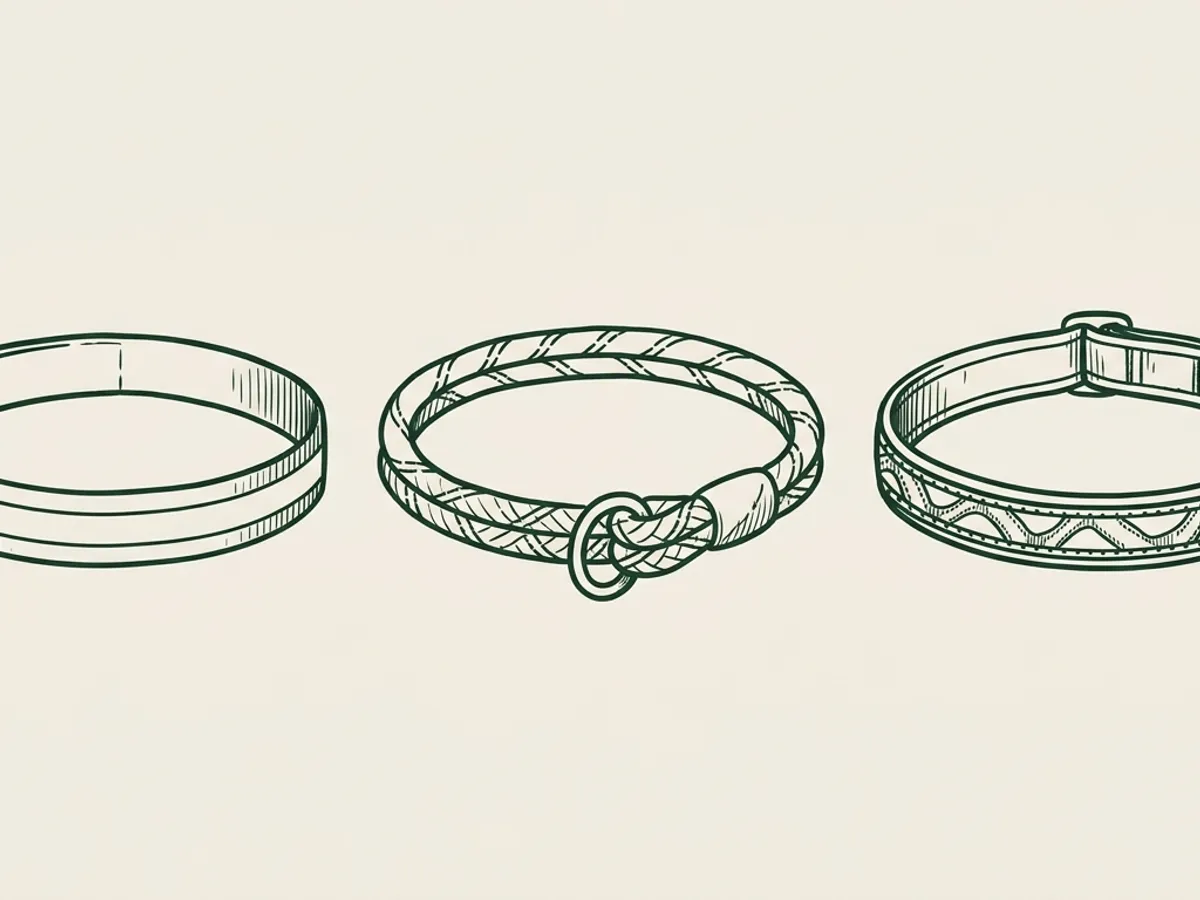 Three reflective dog collars arranged in a row: one flat webbing, one rope-style with reflective tracer, one patterned with reflective edges.