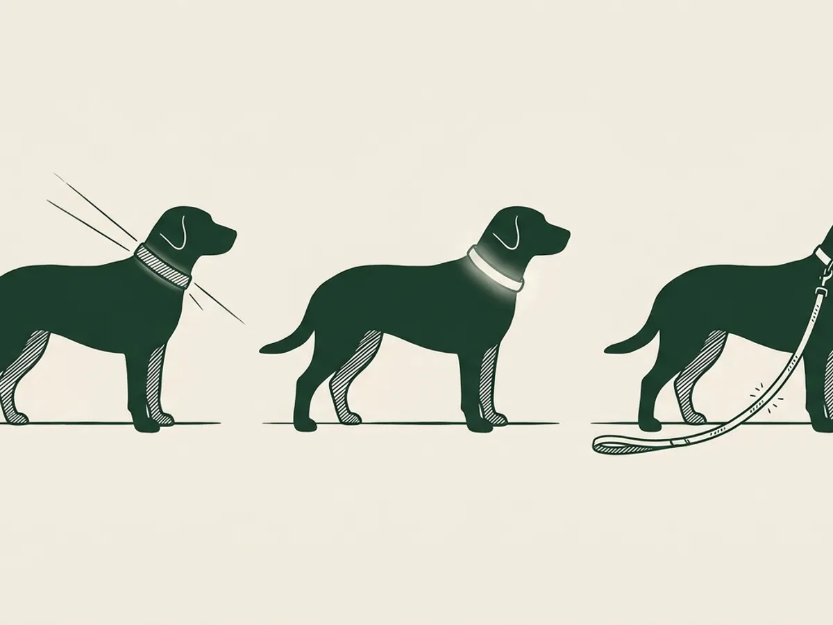 Three dog silhouettes side by side: one with a reflective collar catching a beam, one with a glowing LED collar, one with a reflective leash trailing behind.