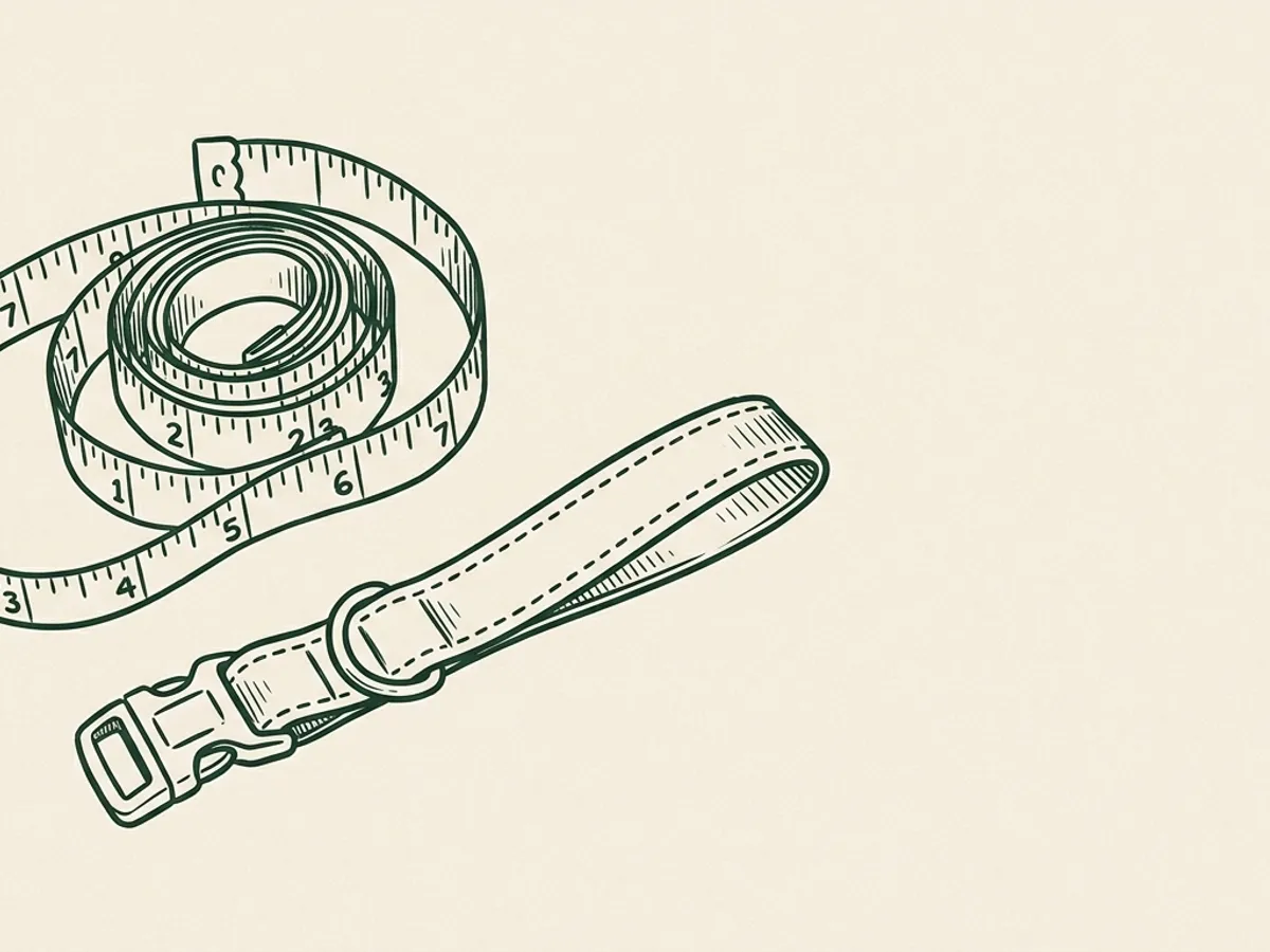 A coiled fabric measuring tape next to an unbuckled flat reflective collar with short hatch marks suggesting its reflective trim.
