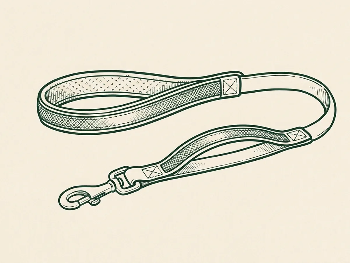 Close-up of a dog leash showing a padded primary handle and a lower traffic handle with reflective tracer along both.