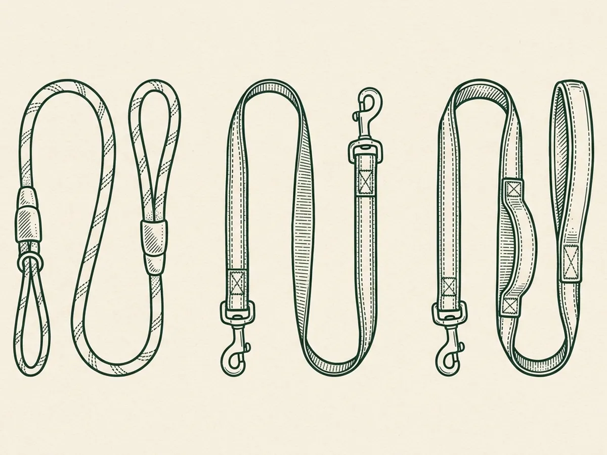 Three reflective dog leashes arranged in a row showing variation in construction style, handle setup, and trim placement.