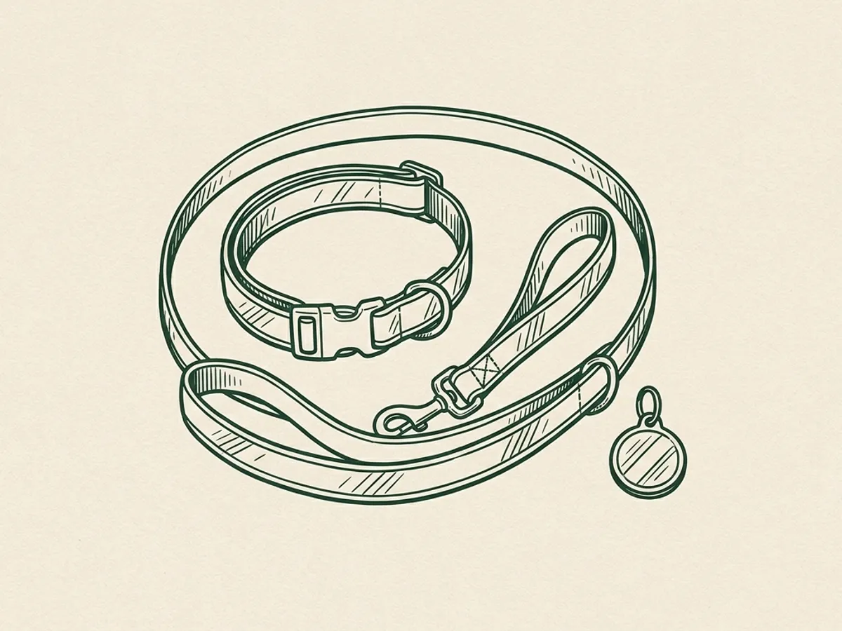 Overhead flat-lay of a reflective dog collar and reflective leash arranged together with a small reflective ID tag.