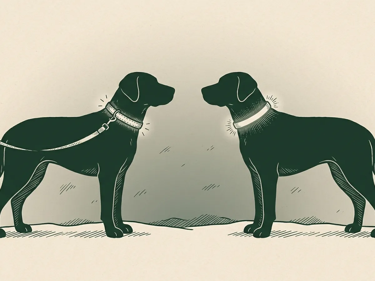 Two dog silhouettes at dusk side by side: one with reflective gear catching ambient light, one with an LED collar glowing.