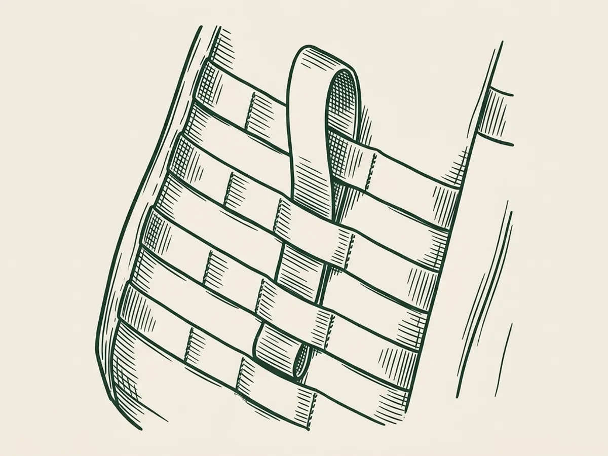 Close-up monoline drawing of MOLLE webbing with one nylon strap threaded through, showing the attachment system.