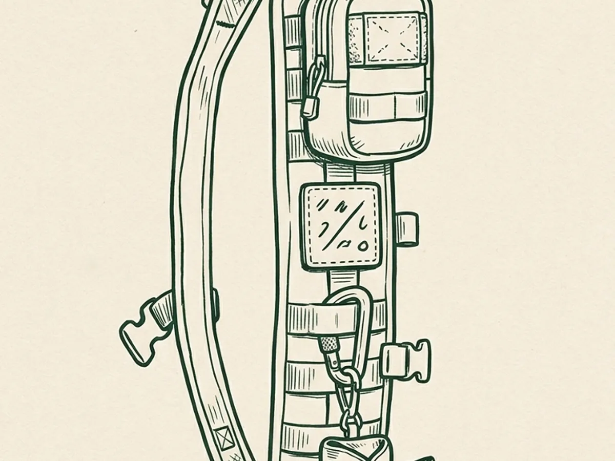 Side view of a tactical dog harness with a small pouch, morale patch, carabiner, and dispenser arranged along its MOLLE panel.