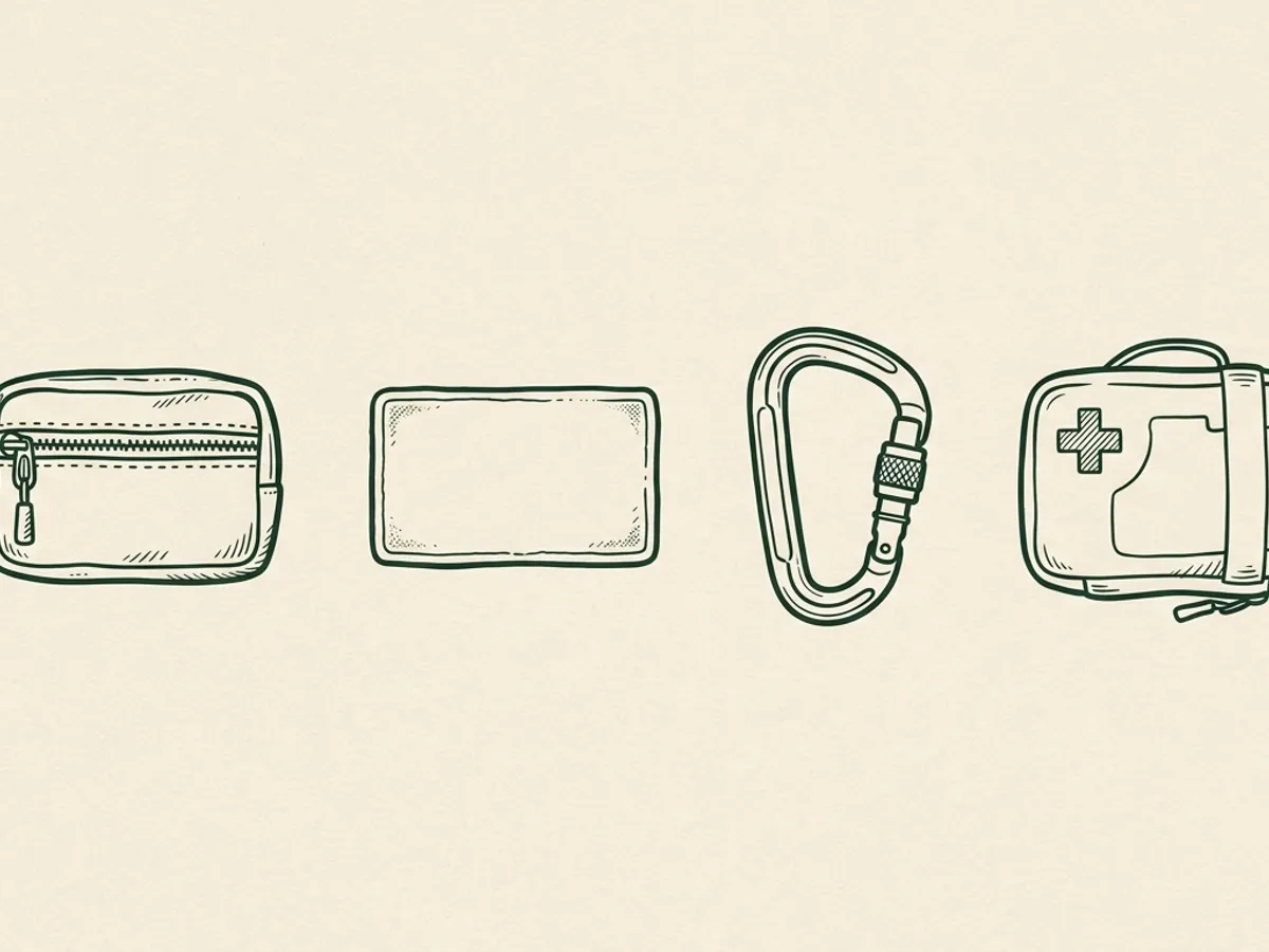Four tactical dog accessory shapes in a horizontal row: zip pouch, morale patch, locking carabiner, and small first-aid kit.