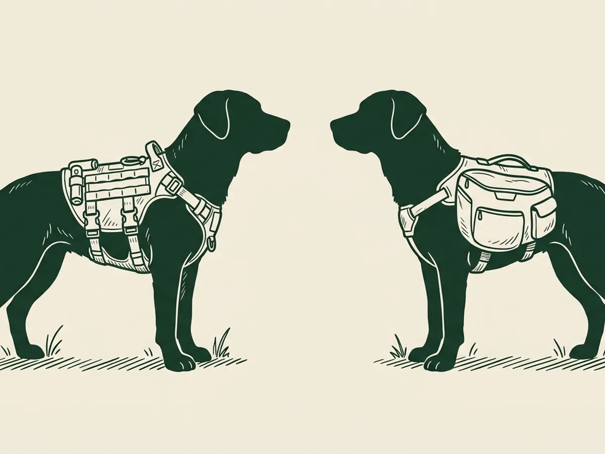 Two dog silhouettes facing each other: one in a tactical MOLLE harness, the other in a padded hiking pack with side pockets.