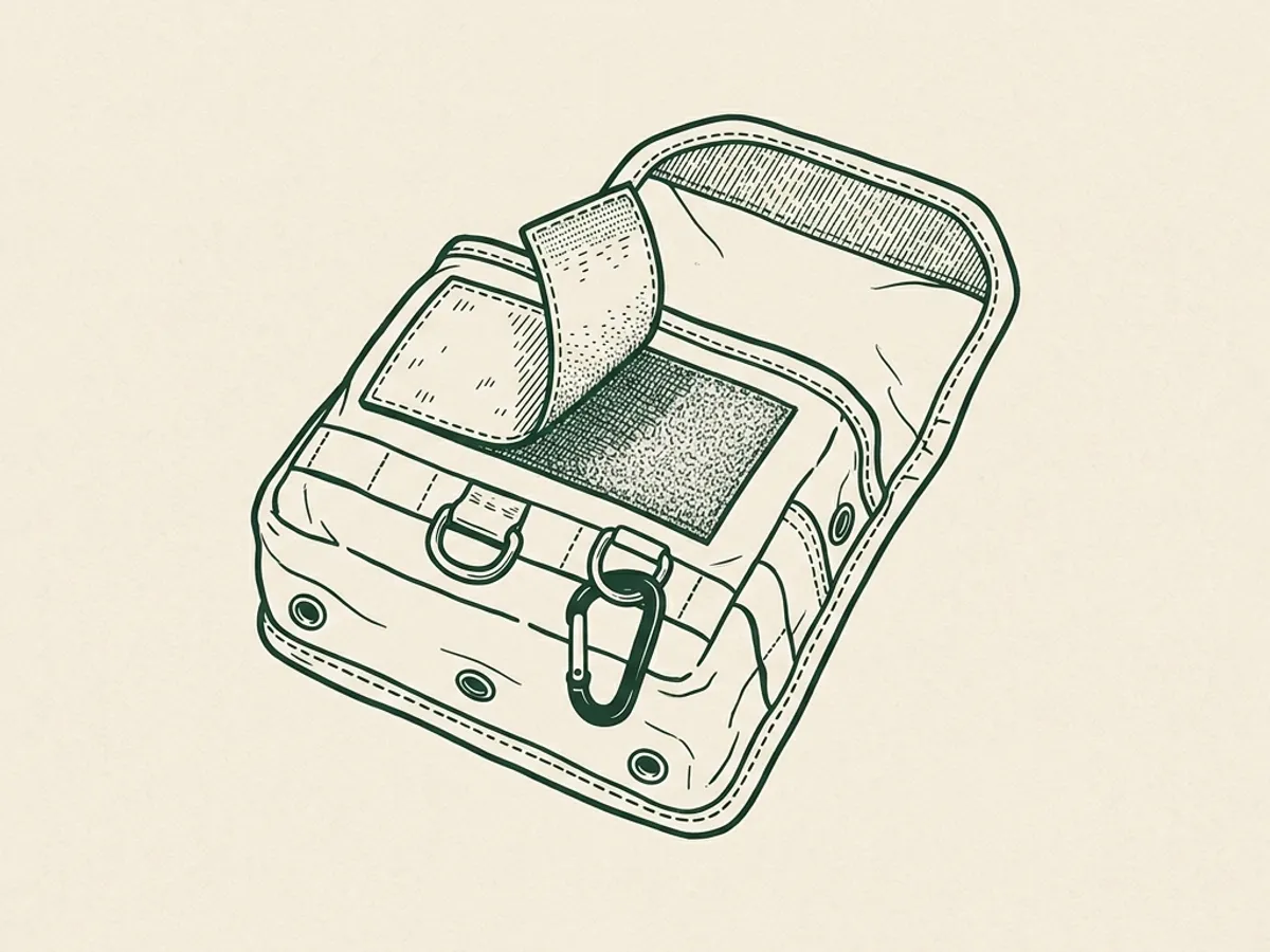 Tactical pouch with a Velcro patch peeled halfway back to show the loop side, and a small carabiner clipped to a D-ring.