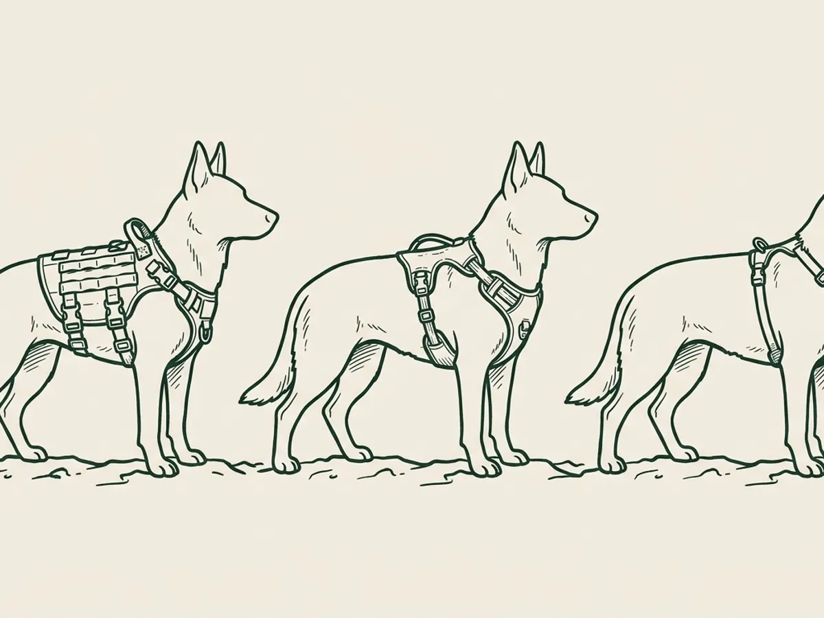 Monoline ink illustration comparing three dogs in profile wearing tactical, hiking, and training harnesses