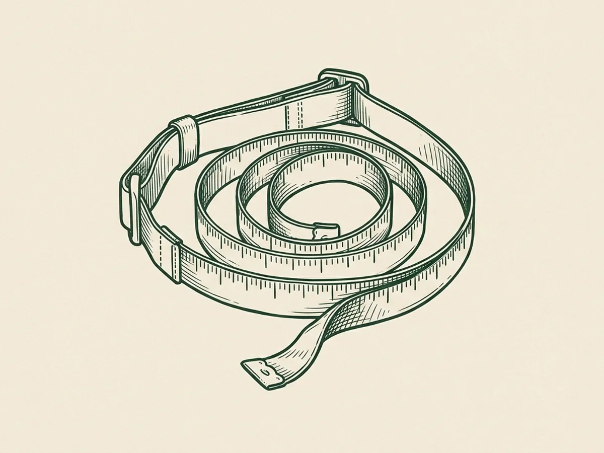 Monoline ink illustration of a soft measuring tape coiled around a tactical dog harness chest strap, overhead view