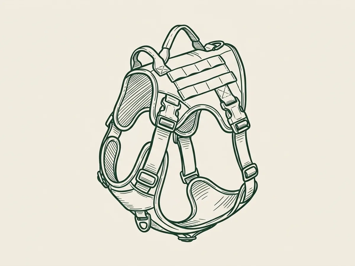 Monoline ink illustration of a single tactical dog harness suspended hero-style with subtle hatching for depth