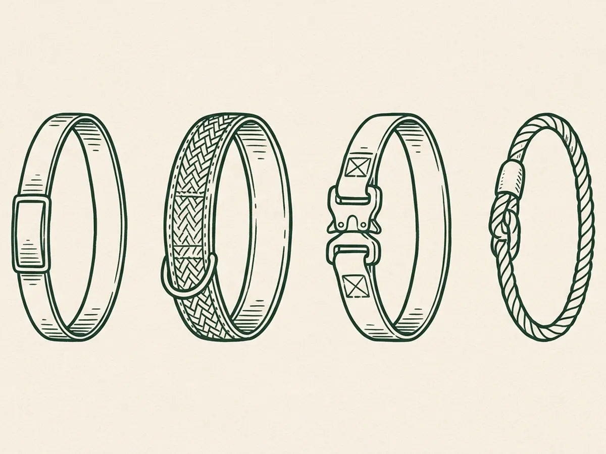 Four stylized dog collars arranged in a row representing different positions in a brand's collar lineup, from basic flat to rope-style.