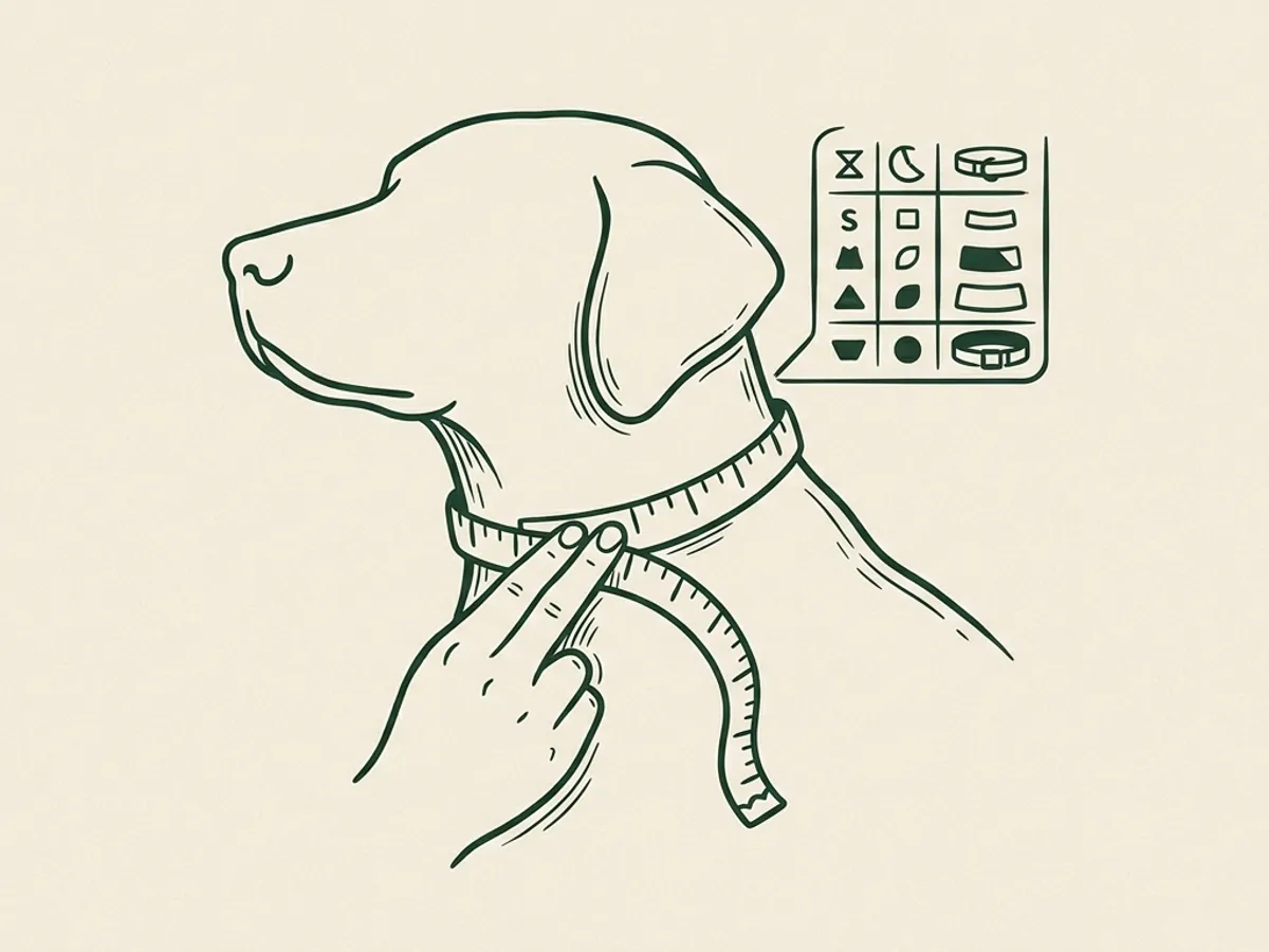 Side view of a dog's neck with a fabric tape measure showing the snug-plus-two-fingers measurement, with an inset of a sizing chart.