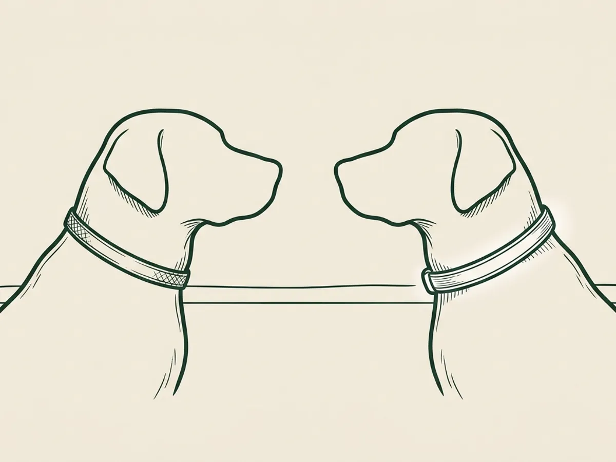Two dog silhouettes at dusk side by side: one with a reflective collar, one with an LED collar showing a soft glow.