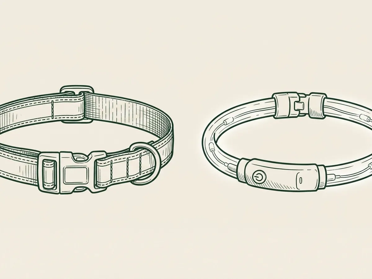 A flat reflective dog collar and a flexible tube-style LED dog collar shown side by side on a neutral background.